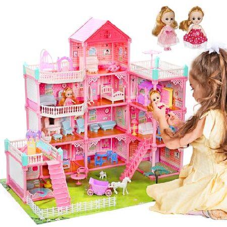かわいいストーン 11部屋 巨大なドールハウス 人形2個とカラフルなライト付き 31インチ x 28インチ x 27インチ ドリームハウス ドールハウス ドリームハウス ガ